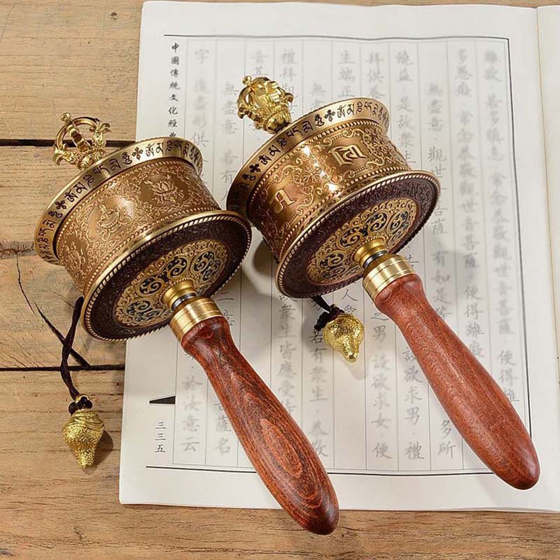 Eight Auspicious Mantra and Six Words Scriptures Wooden Hand Cranking Prayer Wheel 25cm