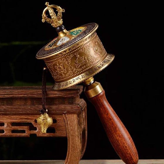 Eight Auspicious Mantra and Six Words Scriptures Wooden Hand Cranking Prayer Wheel 25cm