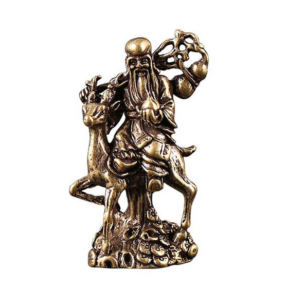 Miniature God Of Longevity Buddha Statue Riding Deer Antique Bronze 52mm