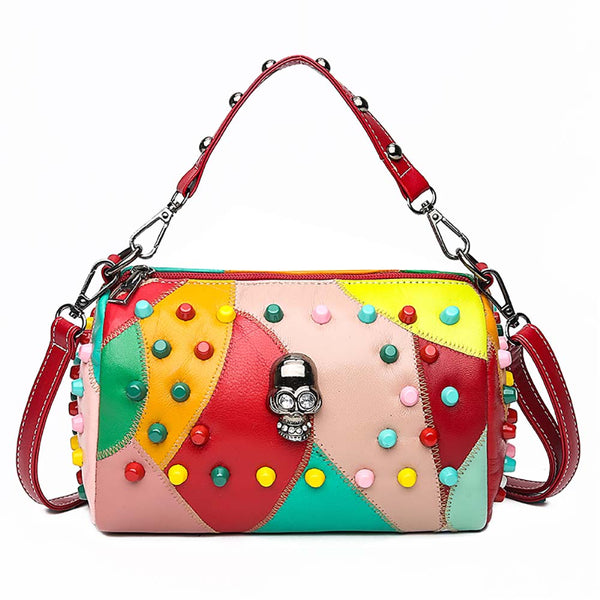 Fashion Lady'S  Rivet Skull Colorful Patchwork PU Leather Handbag Shoulder Bag - Toysoff.com