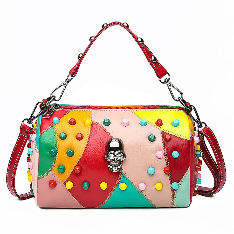Fashion Lady'S  Rivet Skull Colorful Patchwork PU Leather Handbag Shoulder Bag - Toysoff.com