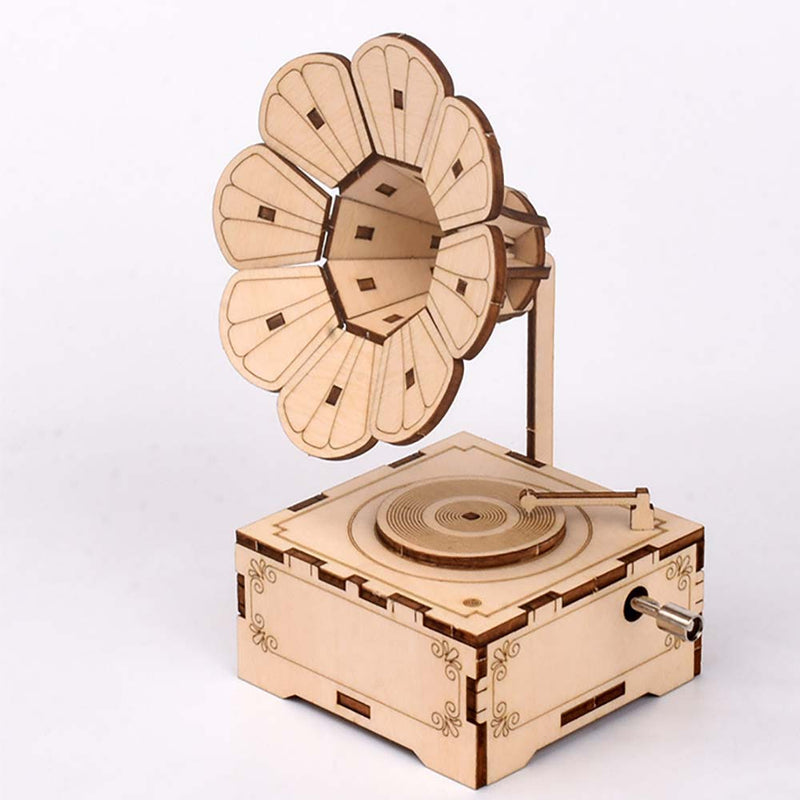 Hand Crank Mechanical Retro Phonograph Model Music Box Wooden Puzzle DIY Assembled Toy - Toysoff.com