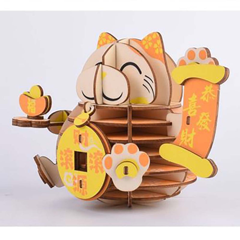 Wooden Puzzle Lucky Cat Animal 3D Model DIY Assembly Toy - Toysoff.com
