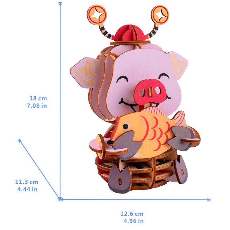 Wooden Puzzle Lucky Pig Animal 3D Model DIY Assembly Toy - Toysoff.com